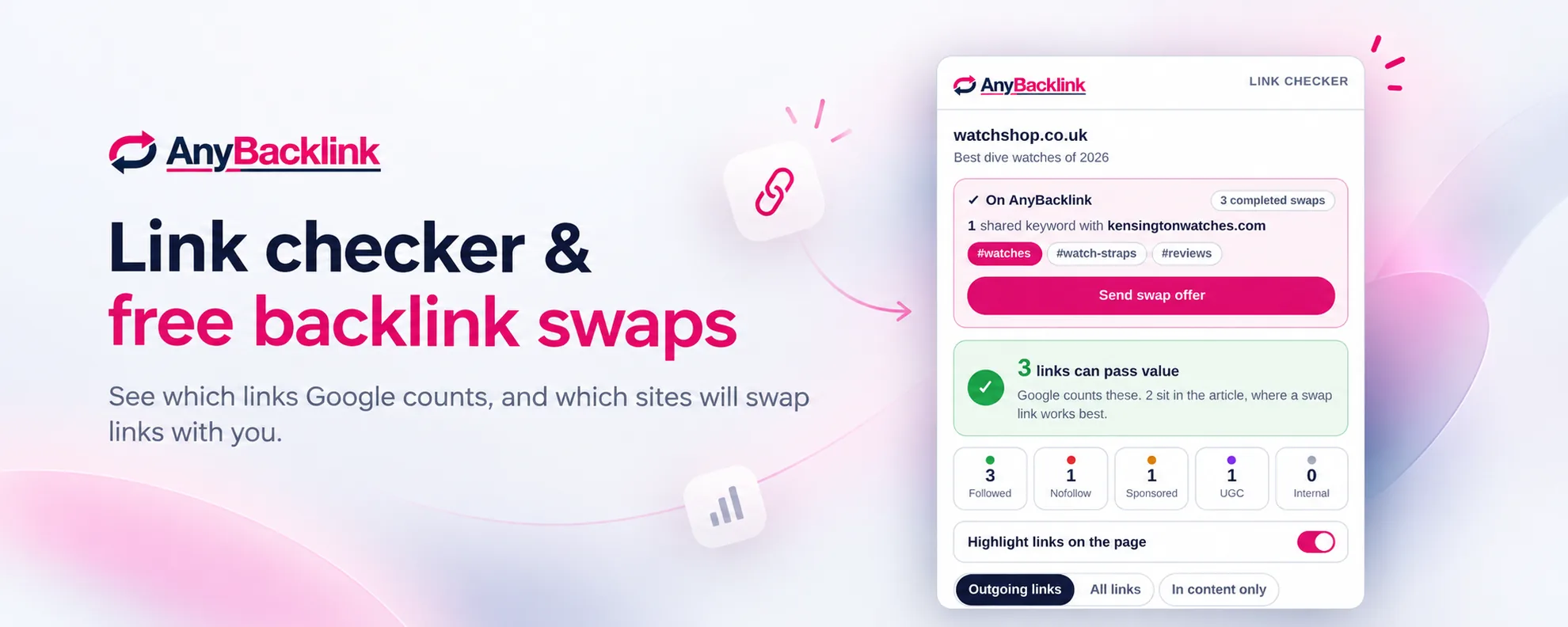 The AnyBacklink extension showing a site on AnyBacklink, its shared keywords and how many links on the page Google counts