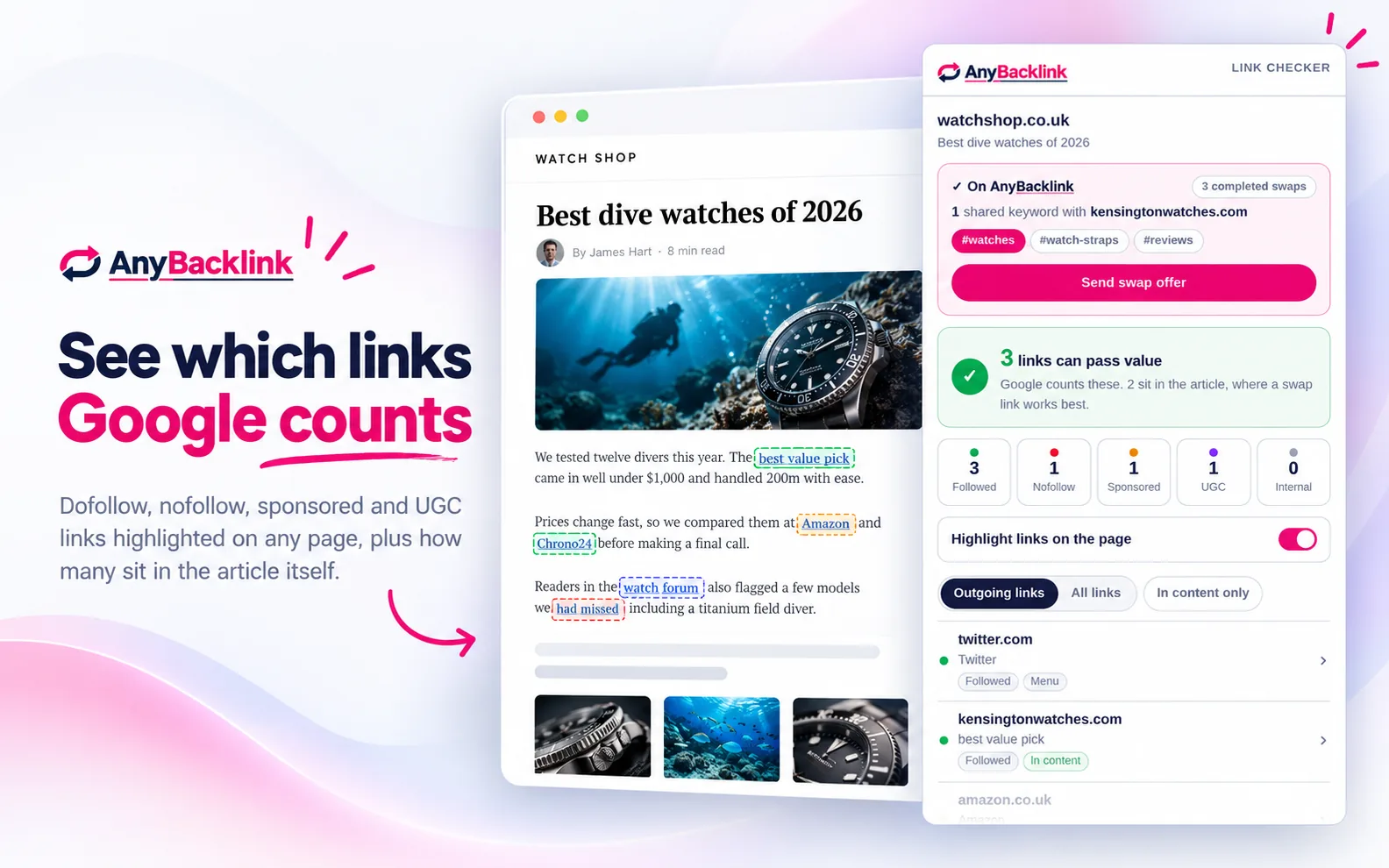 The AnyBacklink extension highlighting followed, nofollow, sponsored and UGC links on a dive watch article